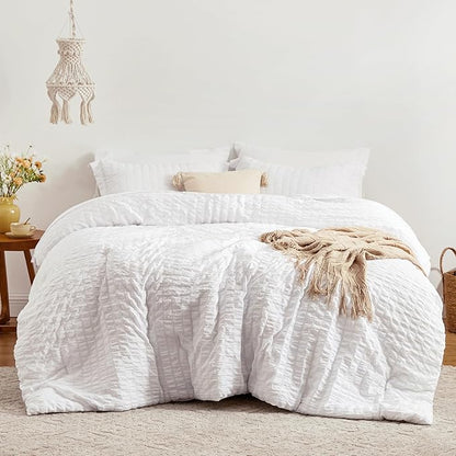 Love's cabin Seersucker White Twin XL Comforter Set, 5-Piece All Season Lightweight Bed in a Bag Bedding Set with Comforter, Flat Sheet, Fitted Sheet, Pillowcase and Sham | Soft, Breathable, Lightweight