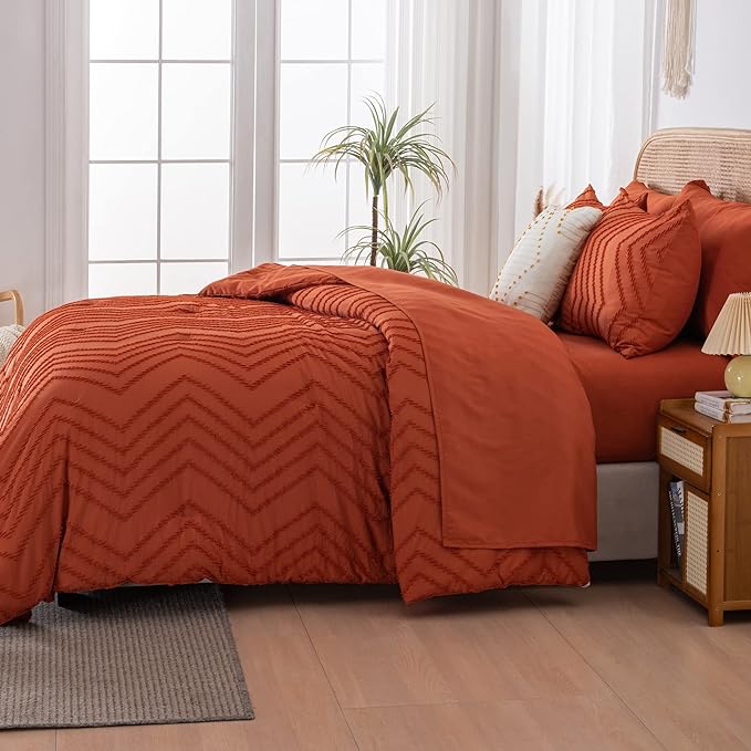 Litanika Super King Plus Size Comforter Set with Sheets Terracotta - 7 Pieces Bed in a Bag Oversized King Boho Tufted Complete Bedding Sets with Comforter, Sheets, Pillowcases & Shams