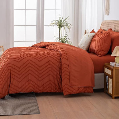 Litanika King Size Comforter Set with Sheets Burnt Orange - 7 Pieces Bed in a Bag King Boho Terracotta Complete Bedding Sets Rust Lightweight Bed Set with Comforter, Sheets, Pillowcases & Shams
