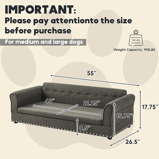 Elevated Dog Sofa for Medium to Large Dogs, Button Tufted Dog Couch Bed with Backrest and Armrests, Durable Memory Foam Pet Bed, Removable Cushion for Medium and Large Dogs, Dark Grey