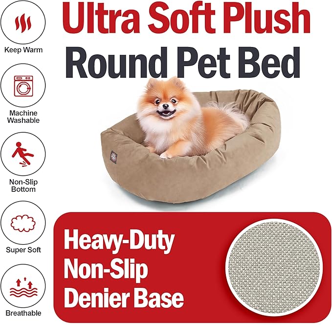 Majestic Pet 24 Inch Suede Calming Dog Bed Washable – Cozy Soft Round Dog Bed with Spine Support for Dogs to Rest Their Head - Fluffy Donut Dog Bed 24x19x7 (Inch) - Round Pet Bed Small – Stone (2025)