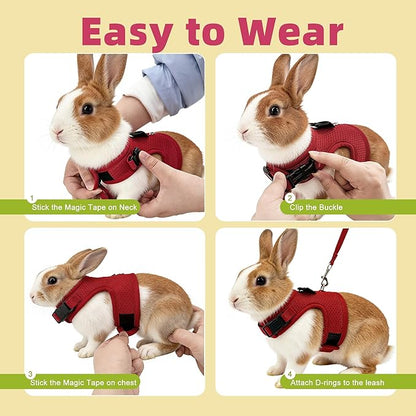 AIITLE Christmas Bunny Harness and Leash Set with Cute Bow, Soft Breathable Mesh Vest Harness for Rabbits Kitten Ferret Small Pig Puppy Walking Supplies Red M