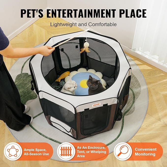 VEVOR Portable Pet Playpen, 36x36x23 in Foldable Dog Cat Pen + Free Carrying Case + Bowl, Indoor/Outdoor Dogs Crates Kennel for Puppies with Premium Waterproof 600D Oxford Cloth, Removable Zipper Top