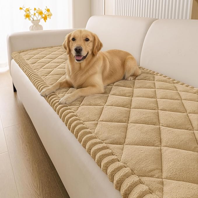 Smiry Fuzzy Couch Cover for Dogs, Non Slip Washable Pet Sofa Cover, Scratch Proof Hair Resistant Plush Sofa Slipcover, Pet Friendly Couch Cushion Protector for Cat, Camel, 27.6" x 70.9"