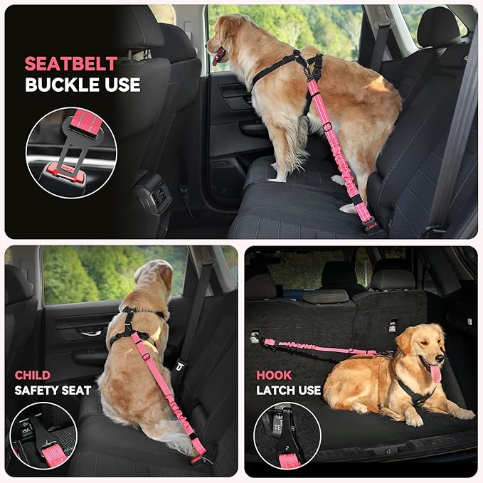Pawaboo 2Pack Dog Seatbelt for Car, 3-in-1 Dog Car Seat Belt Bungee, Shockproof Dog Tether for Car with Buckle & Hook Latch, Adjustable Reflective Dog Harness Leash with 360° Lockable Buckle, Pink