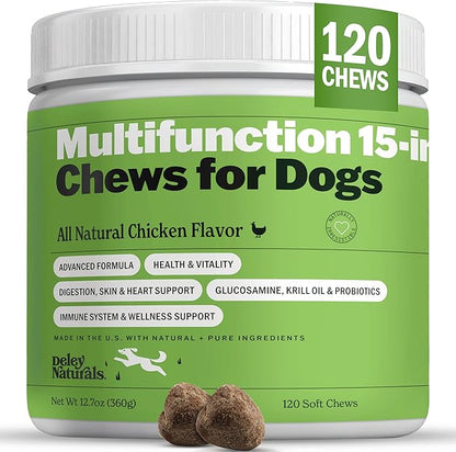 Deley Naturals 15 in 1 Multivitamin for Dogs - Complete Dog Vitamins and Supplements for Immune Support, Joint, Skin, Digestion, Heart & Overall Health - Daily Multifunction Supplements - 120 Chews