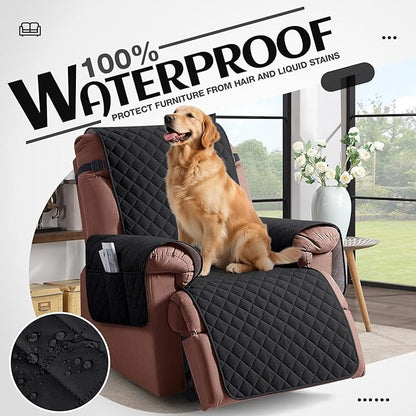KinCam 100% Waterproof Recliner Chair Cover, Reclining Couch Covers for Pets, Dogs, Recliner Couch Slipcover Furniture Protector with Elastic Straps for Kids(30", Black)