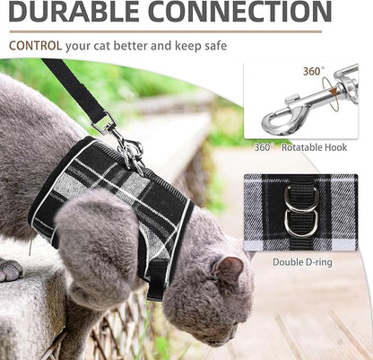PUPTECK Soft Mesh Cat Vest Harness and Leash Set Puppy Padded Pet Harnesses Escape Proof for Cats Small Dogs Rabbits Bunny, Plaid Black, S