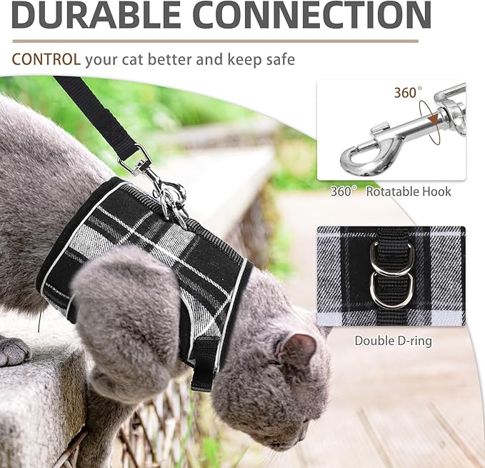 PUPTECK Soft Mesh Cat Vest Harness and Leash Set Puppy Padded Pet Harnesses Escape Proof for Cats Small Dogs Rabbits Bunny, Plaid Black, L
