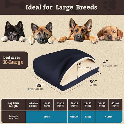 Snoozer Rectangle Cozy Cave Dog Bed - Indoor Dog Bed with Cover Cave, Covered Calming Burrow for Large Sized Pets with Blanket Attached, Enclosed, Washable Cover - XL, Navy