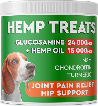 PAWFECTCHEW Hemp + Glucosamine Treats for Dogs - Made in USA Hip & Joint Supplement w/Hemp Oil Chondroitin MSM Turmeric - Natural Pain Relief - All Breeds Sizes - 120 Soft Chews - Bacon Flavor