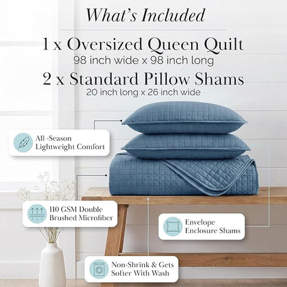 Southshore Fine Living, Inc. Queen Quilt Bedding Set, Summer Comforter Quilts Queen Size, Pet Hair Resistant Bedding, Lightweight Bedspread, Full Size Coverlet with 2 Pillow Shams, Coronet Blue Quilt