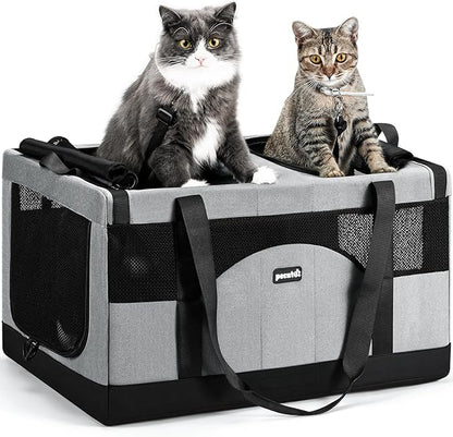 Pecute Dual Compartment Pet Carrier for Multi-Cat Families & Small Dog Owners, Collapsible Dog Crate with Reinforced Steel Frame, Car Safety Design for Travel, Vet Visits & Home Use, Gray