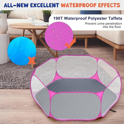 Pawaboo Small Animals Playpen with Pad, Waterproof Small Pet Cage Tent with Reusable Pad, Portable Outdoor Yard Fence for Chick/Kitten/Puppy/Guinea Pig/Rabbits/Chinchillas, Pink + Gray