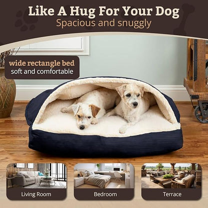 Snoozer Rectangle Cozy Cave Dog Bed - Indoor Dog Bed with Cover Cave, Covered Calming Burrow for Large Sized Pets with Blanket Attached, Enclosed, Washable Cover - XL, Navy