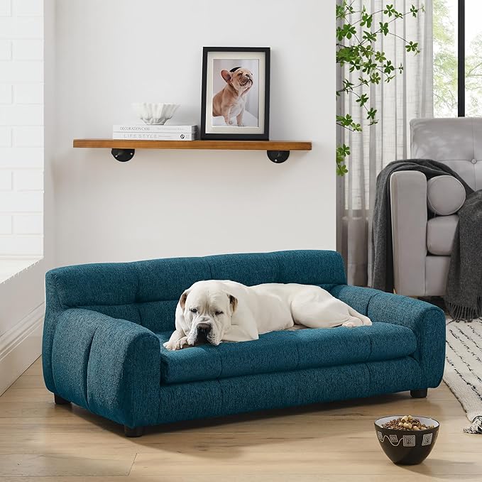 Dog Couch Bed with Backrest and Armrest, Durable Pet Sofa with Upholstered Foam Cushion, Elevated Dog Couch Bed with Legs for Medium Dogs, Blue