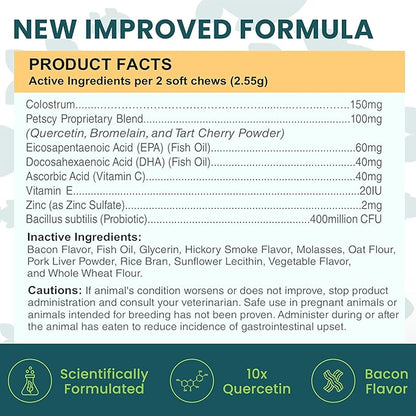 PetScy Itch & Allergy Plus Dog Allergy Chews for Itchy Skin, Ears & Paws | Colostrum, Probiotics & Quercetin | Dog Allergy Relief for Skin Redness, Hair Loss, Immunity and Digestive Health - 60 Chews