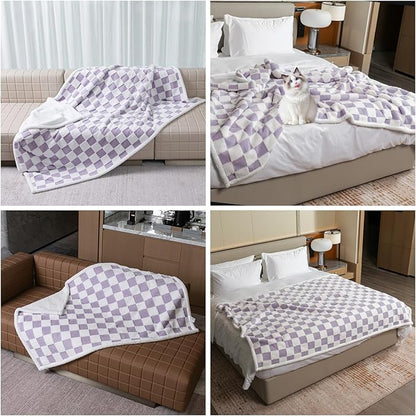 Waterproof Pet Blanket,Dog Bed Covers Couch Sofa Stylish Jacquard Pets Throw Blankets for Puppy Cats Washable Reversible Furniture Protection Covers (Purple Check,S)