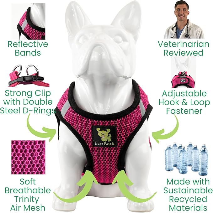 EcoBark Step in Dog Harness - Eco-Friendly Dog Harnesses for for Small & Medium Breed Dogs - Reflective and Adjustable Chest Body Halter Vest -Soft Luxurious Mesh (Fuchsia Pink, XL)