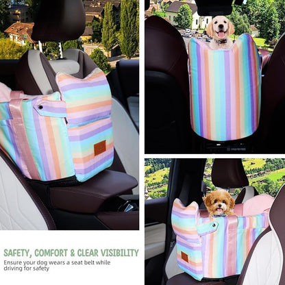 Cullaby Console Dog Seat | Anti-Collapse Armrest Booster for Small Dogs & Puppies - Secure Travel Carrier with Safety Clip-in Tether & Washable Cozy Cushion Pad - Up to 15 lbs