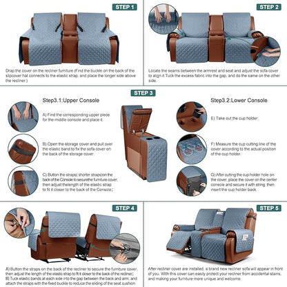 Ruaozz Waterproof Loveseat Recliner Cover with Console Non-Slip Reclining Couch Covers Split Sofa Slipcovers with Elastic Straps Furniture Protector for Kids, Dogs, Pets (Pastel Blue, 2 Seater)