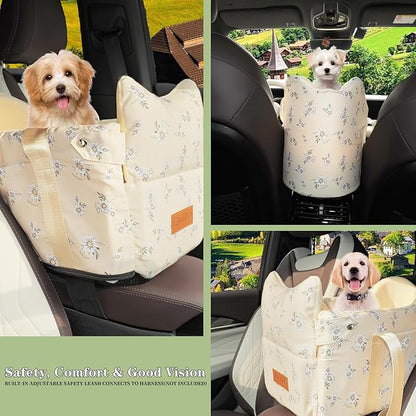 Cullaby Center Console Small Dog Car Seat Portable Puppy Booster Armrest Carseat, Anti-Collapse Comfort Car Travel with Washable Fluffy Cushion and Pillow (Yellow, Extar Small armrest lid)