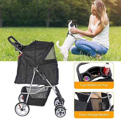 Pet Stroller for Dogs, Black 4 Wheels Cat Strolling Cart Foldable Travel Carrier, Waterproof Puppy Jogger Stroller with Storage Basket & Cup Holder