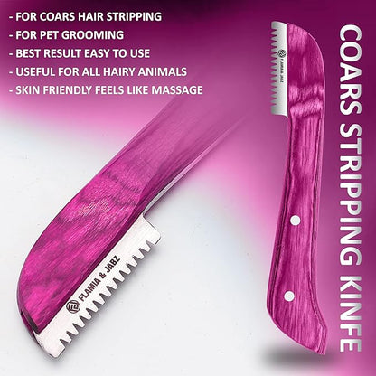 FLAMIA & JABZ FJ Professional Stripping Knife kit (6 pieces set) for Dogs & Pets, Wooden Handle Grip with Stainless Steel Blade (Right handed) (Pink)