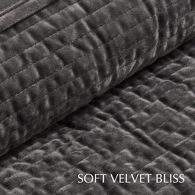 EVERGRACE Velvet Quilt Set King Size, Luxurious Soft Quilted Bedding Sets, Lightweight Velvet Comforter for All Season, Striped Channel Bedspread Coverlet with 2 Shams, Washed Black