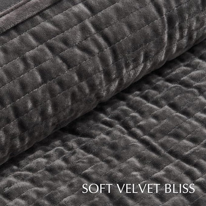 EVERGRACE Velvet Quilt Set Queen Size, Luxurious Soft Quilted Bedding Sets, Lightweight Velvet Comforter for All Season, Striped Channel Bedspread Coverlet with 2 Shams, Washed Black