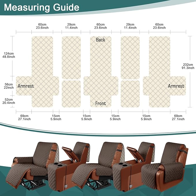 Ruaozz Waterproof Recliner Sofa Cover with Console Non-Slip Couch Covers for Reclining Couches Pet Cover for Double Recliner Sofa Cover with Elastic Straps for Kid Dogs Pets (Brown, 3 Seater)