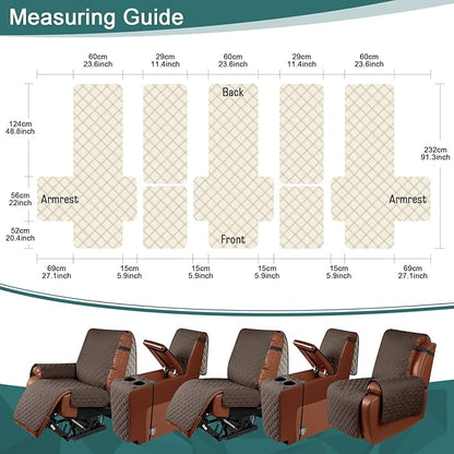 Ruaozz Waterproof Recliner Sofa Cover with Console Non-Slip Couch Covers for Reclining Couches Pet Cover for Double Recliner Sofa Cover with Elastic Straps for Kid Dogs Pets (Brown, 3 Seater)