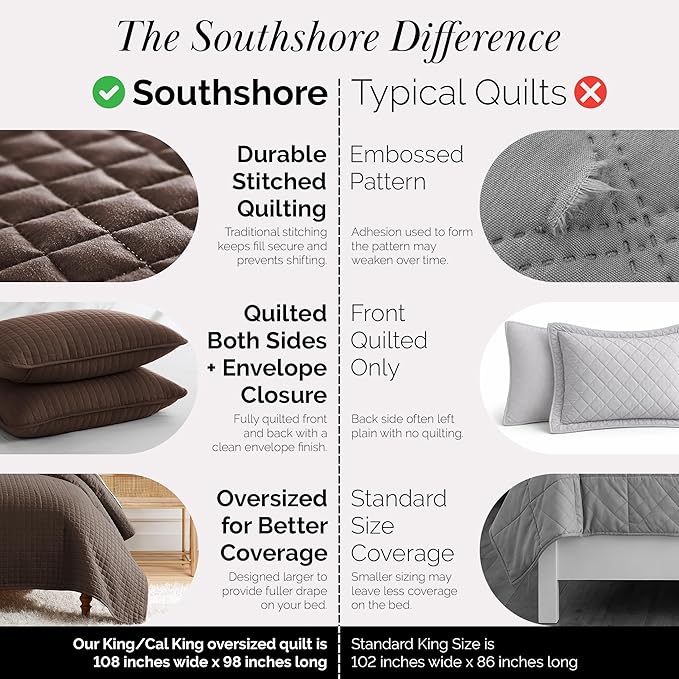 Southshore Fine Living, Inc. Oversized King Quilt Bedding Set, Soft Brushed Microfiber Bedspread, Pet Hair Resistant Bedding, California/King Quilt Coverlet Set with 2 Shams, Chocolate Brown