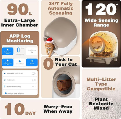 Greesum Smart Self-Cleaning Cat Litter Box, Fully Enclosed Automatic Litter Box with App Control, Safety Sensors& Large Capacity for Multi-Cat Homes, Includes Waste Bags & Mat