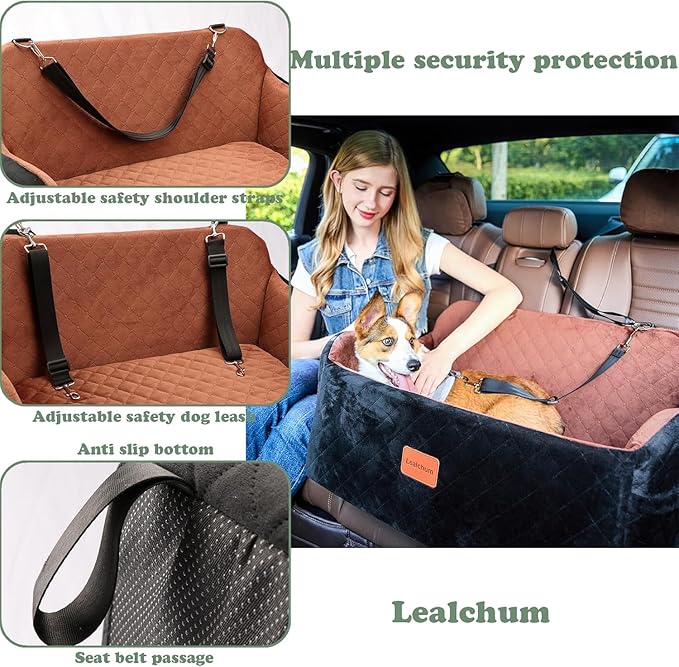 Lealchum Dog Car Seat for Medium/Large Dogs,2 Clip-On Safety Leashs for 2 Small Dogs,Removable and Washable Comfy Pet Car Seat,Easy to Install and Clean (Black/Red, Large)