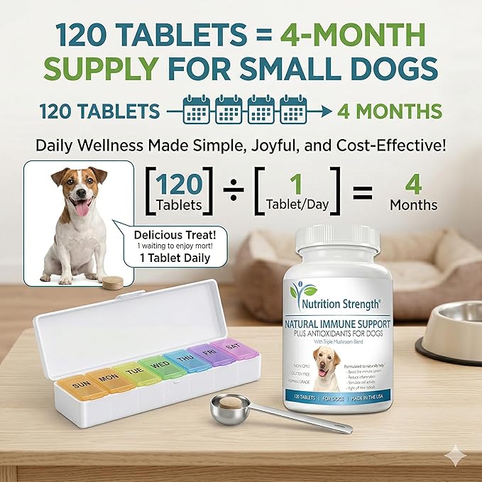 Immune Support for Dogs - Turkey Tail, Reishi, Shiitake & Maitake Mushroom Complex - Senior Dog Health, Antioxidants, CoQ10, Selenium, Vitamin A - 120 Chewable Tablets