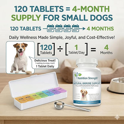 Immune Support for Dogs - Turkey Tail, Reishi, Shiitake & Maitake Mushroom Complex - Senior Dog Health, Antioxidants, CoQ10, Selenium, Vitamin A - 120 Chewable Tablets