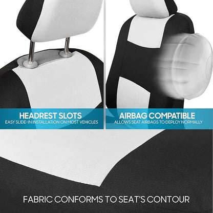 BDK PolyPro Car Seat Covers Full Set in White on Black, Front and Rear Split Bench Seat Covers for Cars, Easy to Install Car Seats Cover Set and Accessories for Auto Trucks Van SUV - White