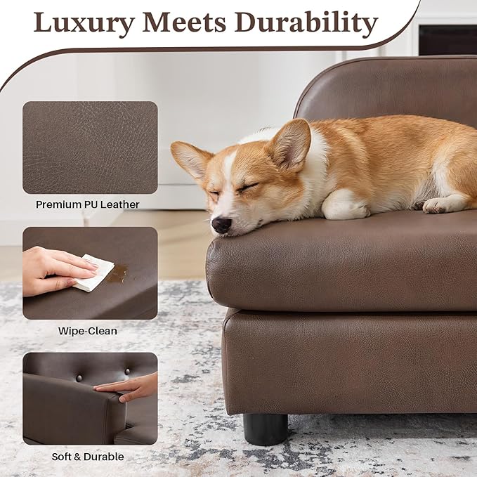 Luxury Dog Sofa Bed Elevated Pet Couch with Durable Waterproof Leather & Orthopedic Sponge - Modern Furniture Style Dog Lounge & Pet Bedside Step for Small/Medium Dogs/Cats, Brown