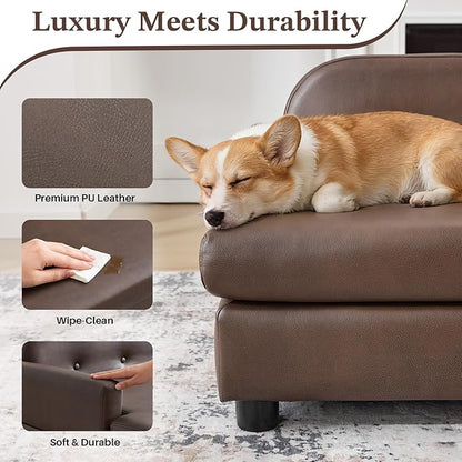 Luxury Dog Sofa Bed Elevated Pet Couch with Durable Waterproof Leather & Orthopedic Sponge - Modern Furniture Style Dog Lounge & Pet Bedside Step for Small/Medium Dogs/Cats, Brown