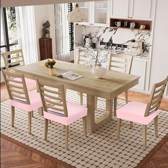 Smiry Waterproof Seat Covers for Dining Room Chairs Set of 4, Stretch Jacquard Removable Washable Chair Seat Slipcovers Protector, No Rear Covers, Blush Pink