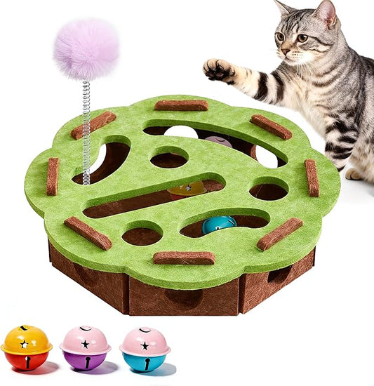 Interactive Cat Puzzle Toy for Indoor Cats, Felt Cat Puzzle Feeder Box with 3 Metal Balls and Wand. Cat Scratch Puzzle Enrichment Box for Self-Play & Encourages Hunting Instincts.