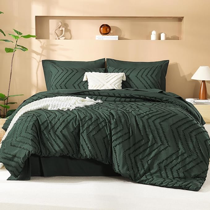 Litanika Forest Green Queen Size Comforter Set with Sheets - 7 Pieces Bed in a Bag Queen Boho Tufted Complete Bedding Sets with Comforter, Sheets, Pillowcases & Shams