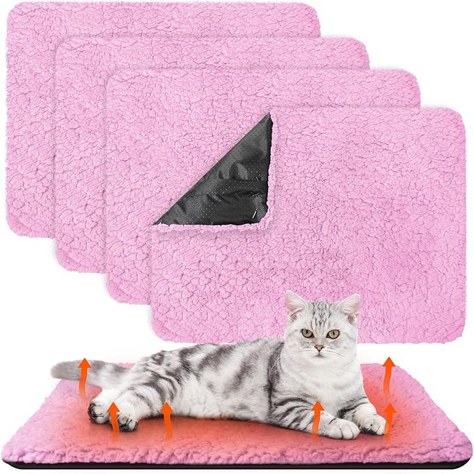 Drydiet 4 Pack Self Warming Cat Pads Self Heating Cat Mat Washable Homeless Dogs Thermal Pads Kennel Pad Reflects Body Heat Warm Crate Bed Mat for Indoor Outdoor Pet(Pink,16 x 20 Inch)