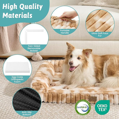 COZY KISS Large Dog Bed, Faux Rabbit Fur Orthopedic Foam Dog Bed with Sides, Removable Washable Cover & Waterproof Lining, Comfortable Pet Couch for Large Dogs, Tie-Dye Brown (44" L x 32" W x 7" Th)