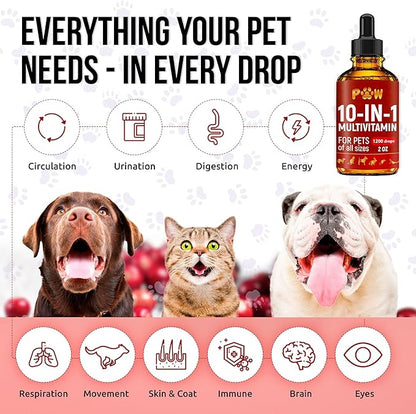 Liquid Multivitamin for Dogs with Glucosamine – Help with Allergies & UTIs – Dog Vitamins and Supplements – Cat Multivitamin for Hips & Joints – B, C & D3 for Coat Shining & Digestion – 2 oz