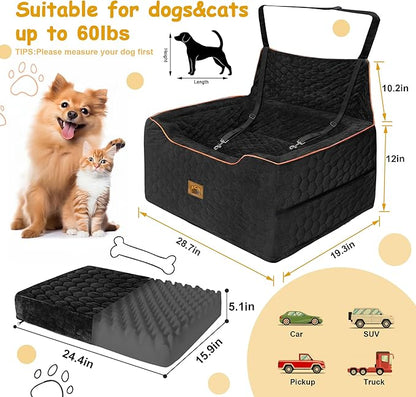 Dog Car Seat for Medium/Large Dogs, Washable Dog Booster Seat Under 60 lbs or 2 Small Dogs, Multi-Functional Pet Car Seat with Thick Cushion, 2 Safety Leashes (Black)