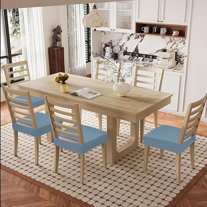 Smiry Waterproof Seat Covers for Dining Room Chairs Set of 8, Stretch Jacquard Removable Washable Chair Seat Slipcovers Protector, No Rear Covers, Airy Blue
