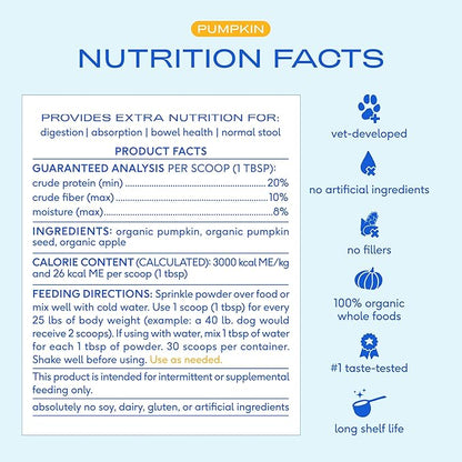Native Pet Pumpkin for Dogs - Organic Dog Food Topper Powder - Promotes Firm Stools, Supports Digestive, Bowel Health & Nutrient Absorption - USDA Organic, Rich in Fiber with Real Pumpkin - 30 Scoops