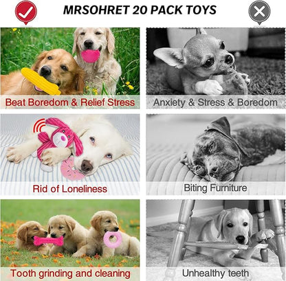 MRSOHRET 20Pcs Puppy Chew Toys for Teething, Dog Chew Rope Toys, Pet Dog Toothbrush, Treat Balls, Plush Squeaky Toy for Small Medium Dogs with Basket